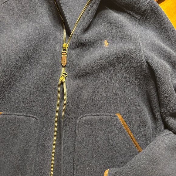 Polo by Ralph Lauren Fleece Navy Jacket with Brown Trim - Picture 10 of 11
